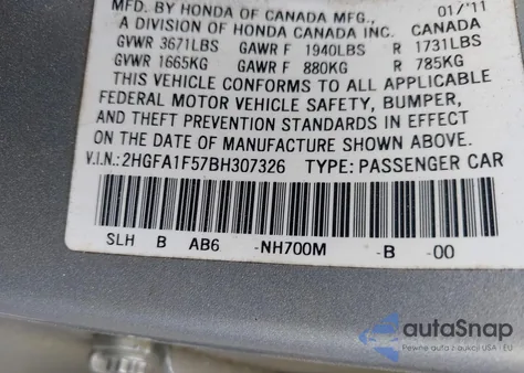 2011 Honda Civic Lx z USA, uszkodzony, nr VIN 2HGFA1F57BH307326